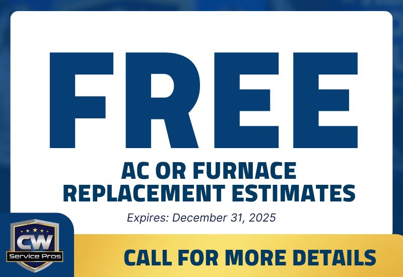 HVAC promo offering free AC or furnace replacement estimates from CW Service Pros