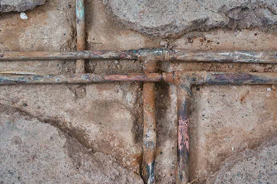 Slab leak repair revealing deteriorated plumbing lines