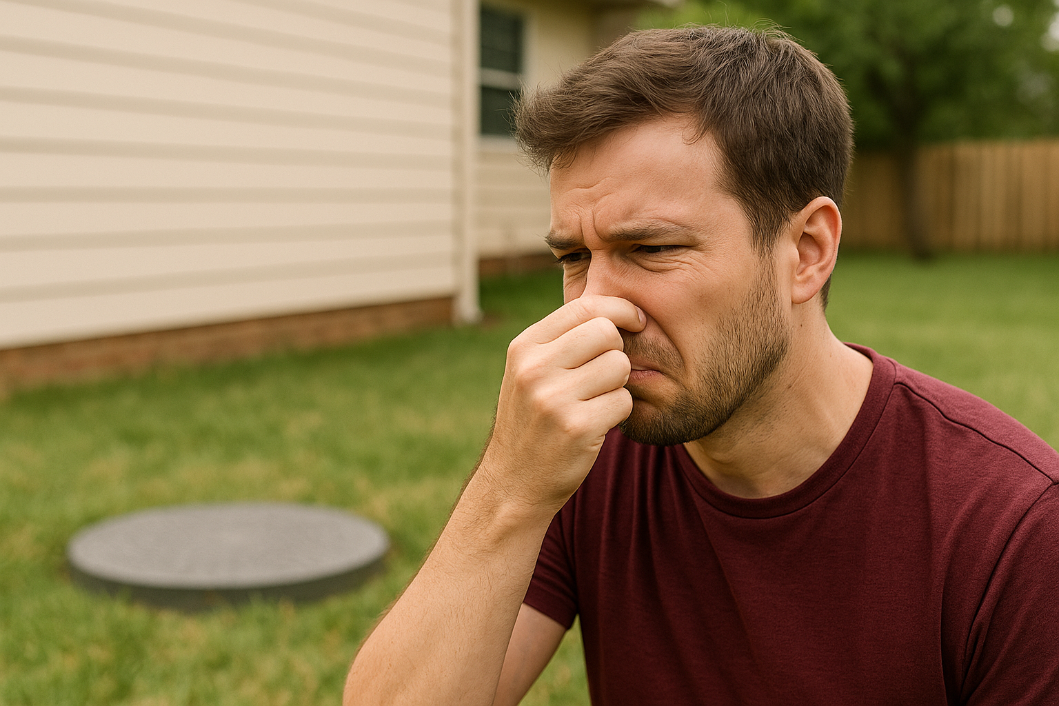 Homeowner outside near a septic tank holding his nose due to a strong sewer odor in the yard.