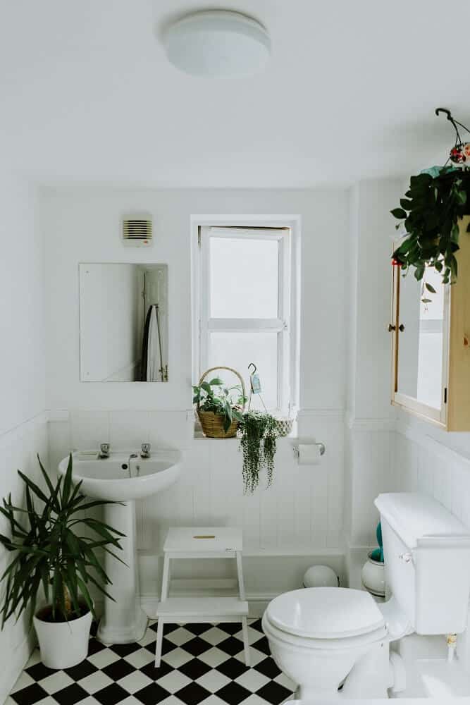 small white bathroom with sink, stool, toilet, plants